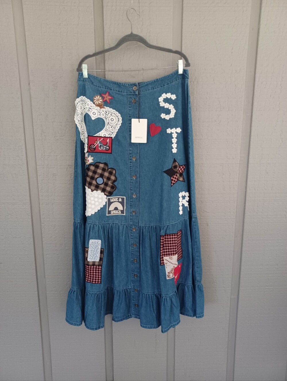 Spell Bombshell Patchwork Maxi Skirt Size XXL Cotton High Rise Boho Chambray